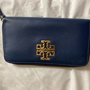 Tory Burch Dark Blue Clutch with Gold Logo